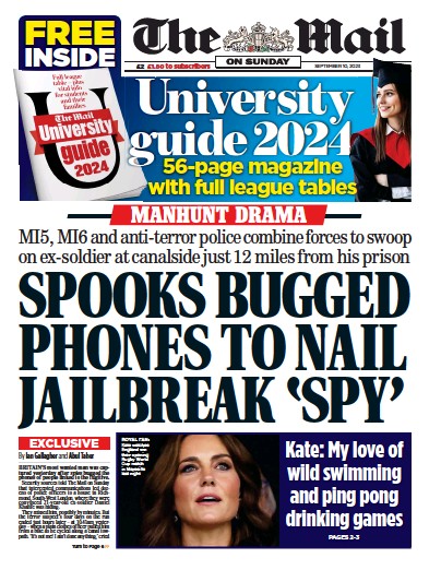 The Mail on Sunday Newspaper Front Page (UK) for 10 September 2023