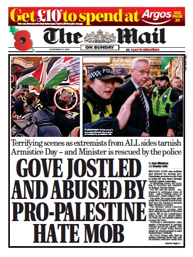 The Mail on Sunday Newspaper Front Page (UK) for 12 November 2023