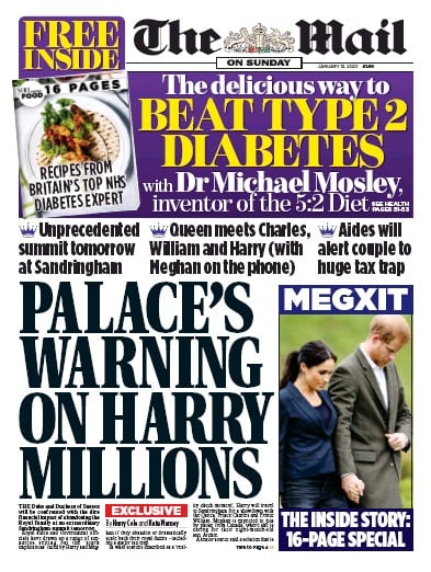 The Mail on Sunday Newspaper Front Page (UK) for 12 January 2020
