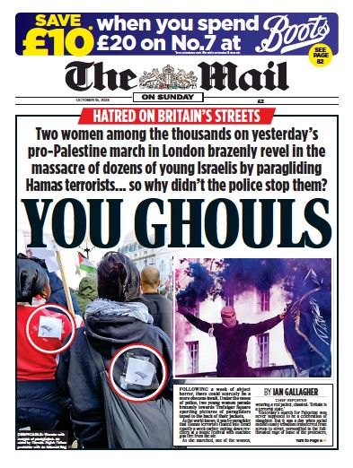 The Mail on Sunday Newspaper Front Page (UK) for 15 October 2023