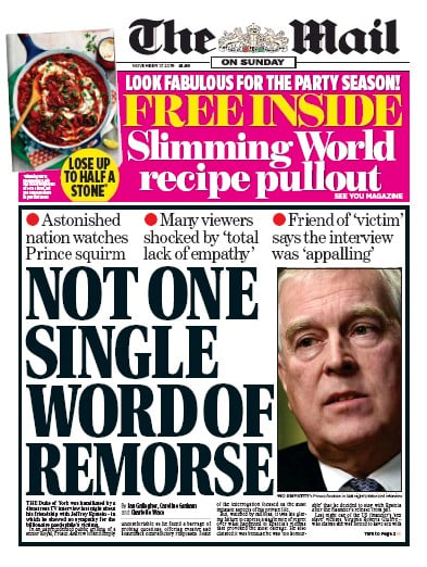 The Mail on Sunday Newspaper Front Page (UK) for 17 November 2019