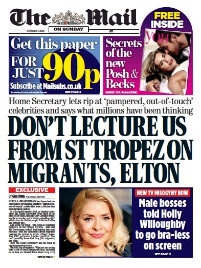 The Mail on Sunday Newspaper Front Page (UK) for 1 October 2023