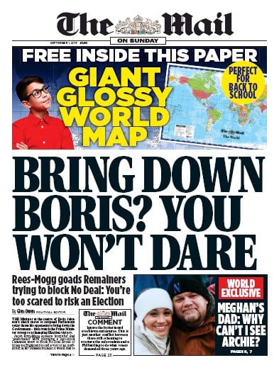The Mail on Sunday Newspaper Front Page (UK) for 1 September 2019