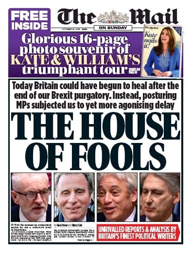 The Mail on Sunday Newspaper Front Page (UK) for 20 October 2019