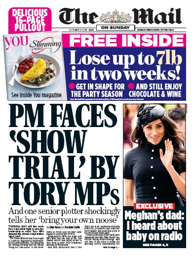The Mail on Sunday Newspaper Front Page (UK) for 21 October 2018