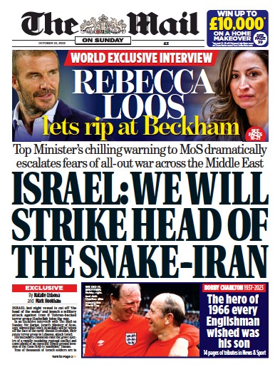 The Mail on Sunday Newspaper Front Page (UK) for 22 October 2023
