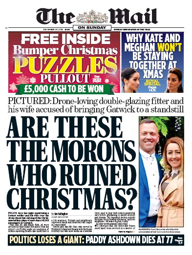 The Mail on Sunday Newspaper Front Page (UK) for 23 December 2018