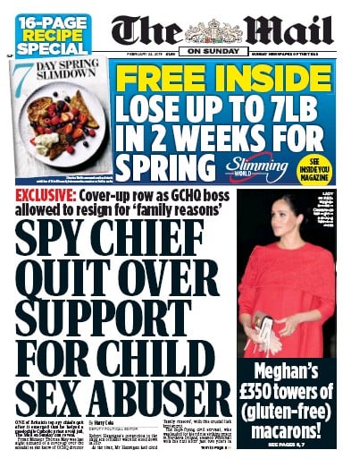 The Mail on Sunday Newspaper Front Page (UK) for 24 February 2019