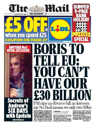 The Mail on Sunday Newspaper Front Page (UK) for 25 August 2019