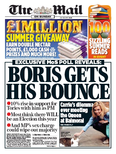 The Mail on Sunday Newspaper Front Page (UK) for 28 July 2019