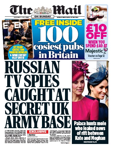 The Mail on Sunday Newspaper Front Page (UK) for 2 December 2018