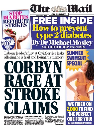 The Mail on Sunday Newspaper Front Page (UK) for 30 June 2019