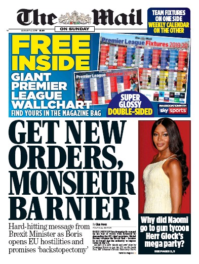 The Mail on Sunday Newspaper Front Page (UK) for 4 August 2019