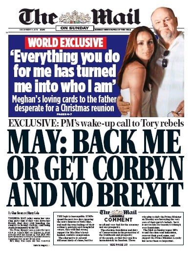 The Mail on Sunday Newspaper Front Page (UK) for 9 December 2018
