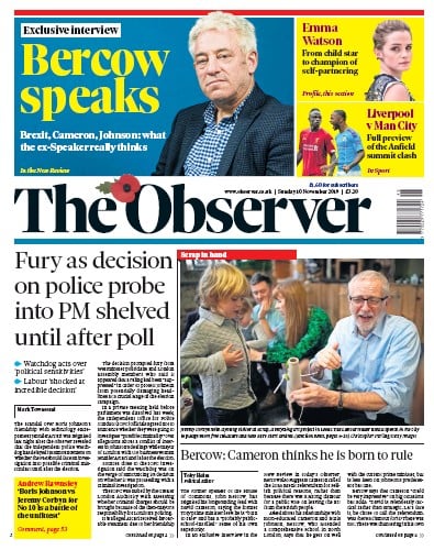 The Observer Newspaper Front Page (UK) for 10 November 2019