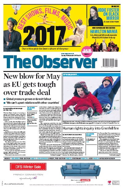 The Observer Newspaper Front Page (UK) for 10 December 2017