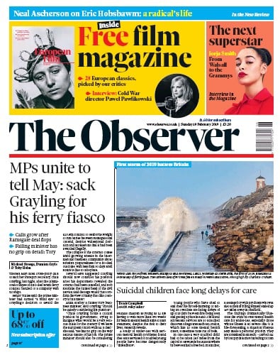 The Observer Newspaper Front Page (UK) for 10 February 2019