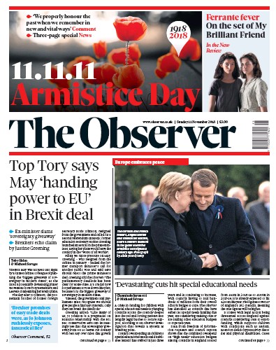 The Observer Newspaper Front Page (UK) for 11 November 2018