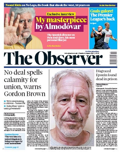 The Observer Newspaper Front Page (UK) for 11 August 2019