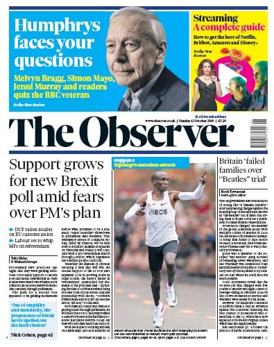 The Observer Newspaper Front Page (UK) for 13 October 2019