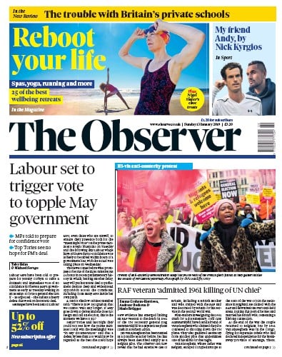 The Observer Newspaper Front Page (UK) for 13 January 2019