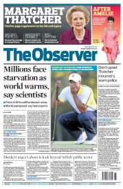 The Observer Newspaper Front Page (UK) for 14 April 2013