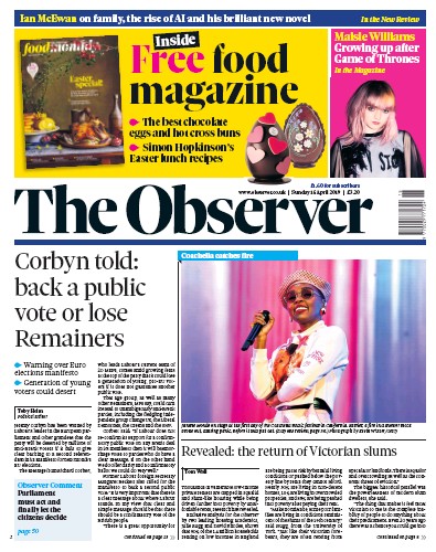 The Observer Newspaper Front Page (UK) for 14 April 2019