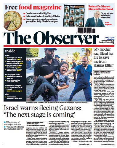 The Observer Newspaper Front Page (UK) for 15 October 2023
