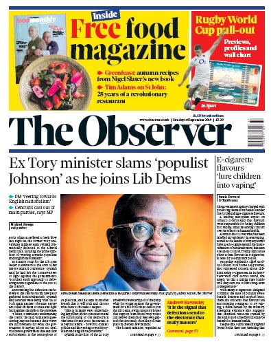 The Observer Newspaper Front Page (UK) for 15 September 2019