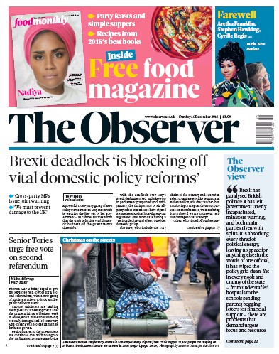 The Observer Newspaper Front Page (UK) for 16 December 2018