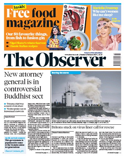 The Observer Newspaper Front Page (UK) for 16 February 2020