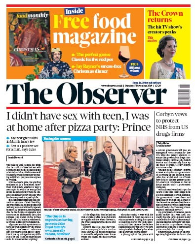 The Observer Newspaper Front Page (UK) for 17 November 2019