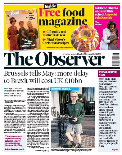 The Observer Newspaper Front Page (UK) for 18 November 2018