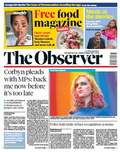 The Observer Newspaper Front Page (UK) for 18 August 2019