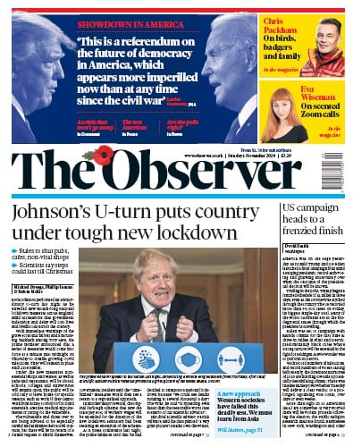 The Observer Newspaper Front Page (UK) for 1 November 2020