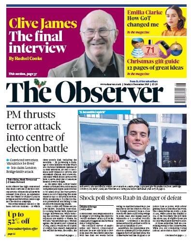 The Observer Newspaper Front Page (UK) for 1 December 2019