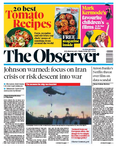 The Observer Newspaper Front Page (UK) for 21 July 2019