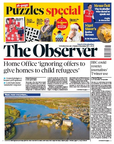 The Observer Newspaper Front Page (UK) for 22 December 2019