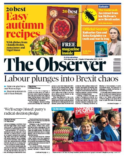 The Observer Newspaper Front Page (UK) for 22 September 2019