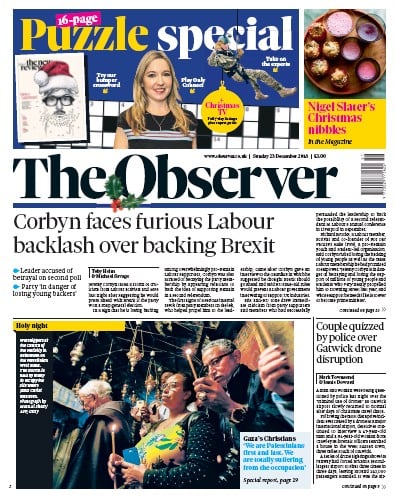 The Observer Newspaper Front Page (UK) for 23 December 2018