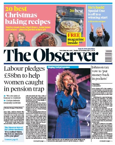The Observer Newspaper Front Page (UK) for 24 November 2019