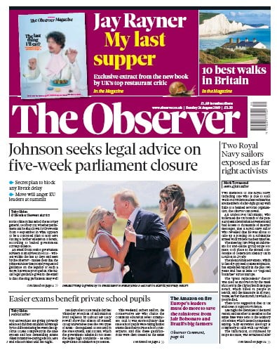 The Observer Newspaper Front Page (UK) for 25 August 2019