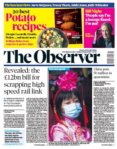The Observer Newspaper Front Page (UK) for 26 January 2020