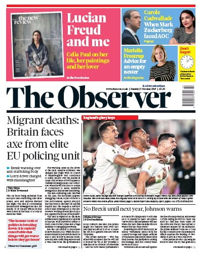 The Observer Newspaper Front Page (UK) for 27 October 2019