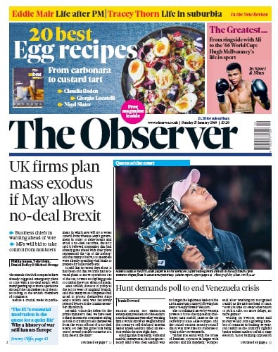 The Observer Newspaper Front Page (UK) for 27 January 2019