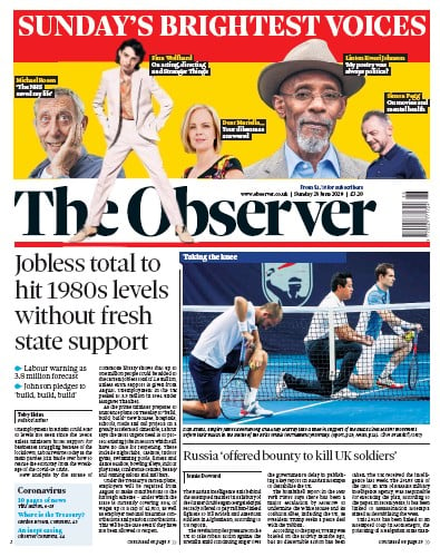 The Observer Newspaper Front Page (UK) for 28 June 2020