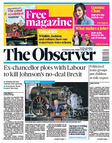 The Observer Newspaper Front Page (UK) for 28 July 2019