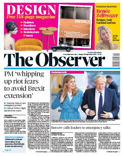The Observer Newspaper Front Page (UK) for 29 September 2019