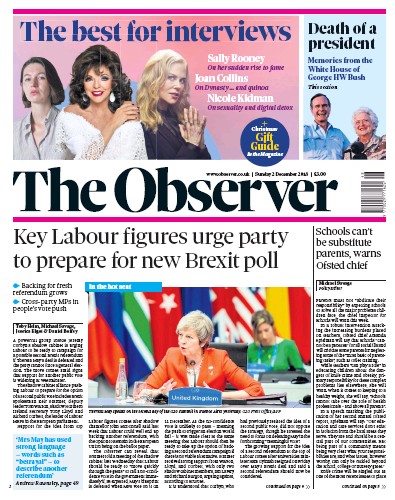 The Observer Newspaper Front Page (UK) for 2 December 2018