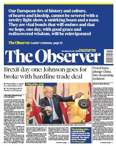 The Observer Newspaper Front Page (UK) for 2 February 2020